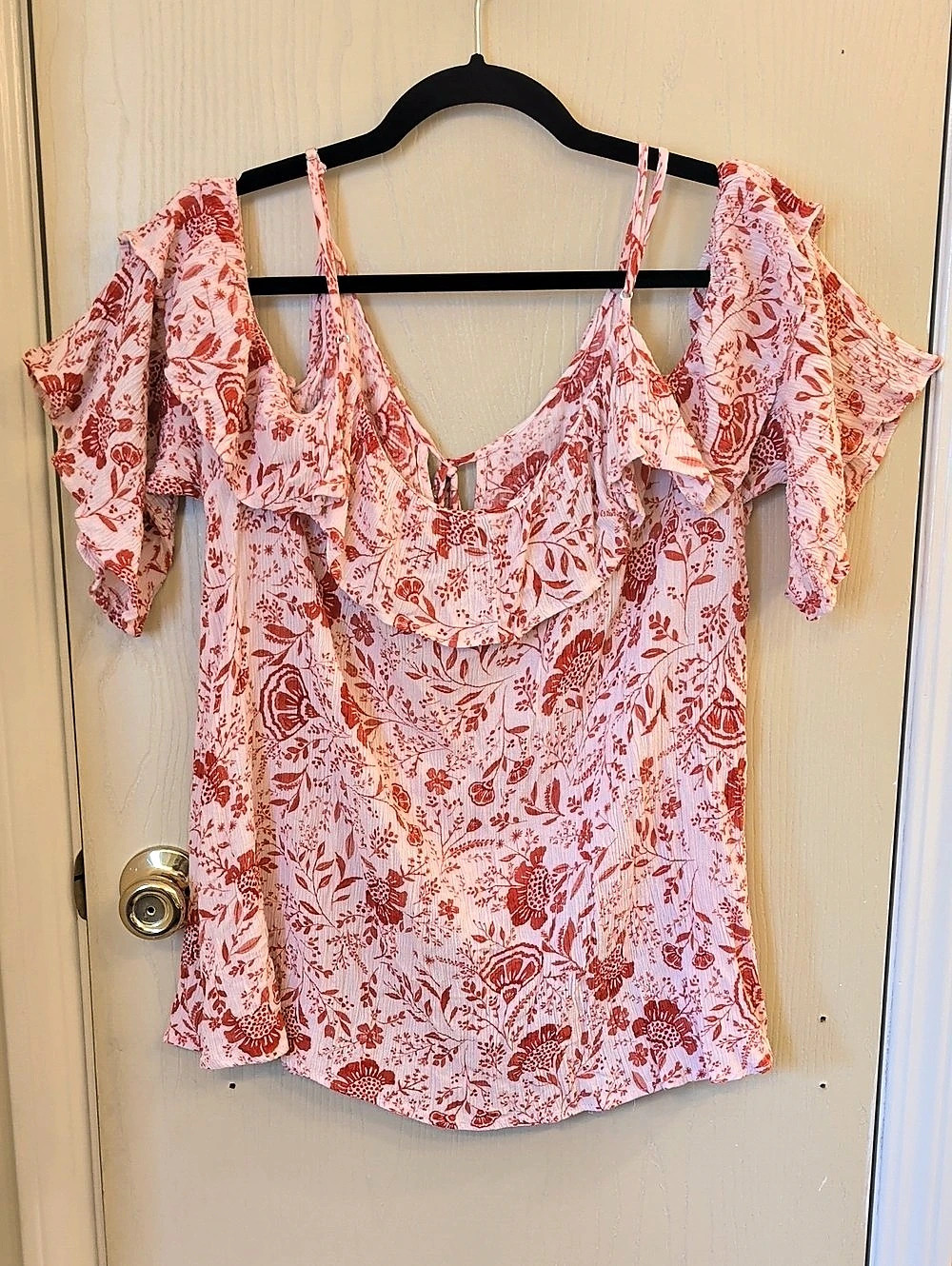 Maurices Floral Ruffle Cold Shoulder Blouse Pink Red Size XL
